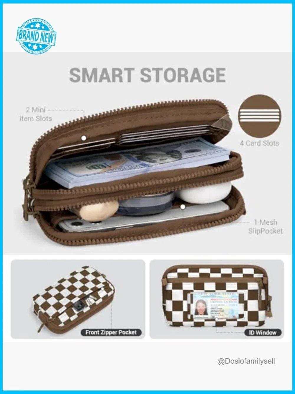 Checkered Nylon Crossbody Wristlet Wallet Small Minimalist Travel Bag